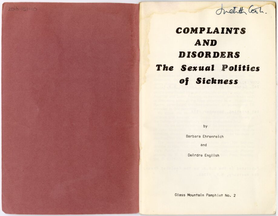 Inside cover of Complaints and Disorders booklet with title and authors Barbara Ehrenreich and Deirdre English. There is a hand written name at the top right that says Judith Cosh.