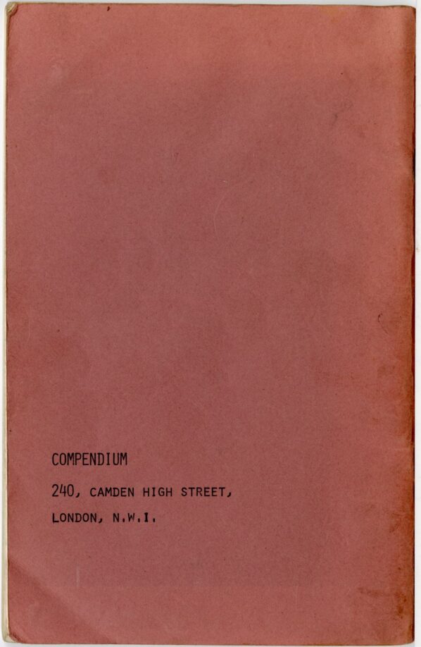 The back of the Complaints and Disorders booklet with "compendium, 240, camden high street, london, N.W.I" printed on it.