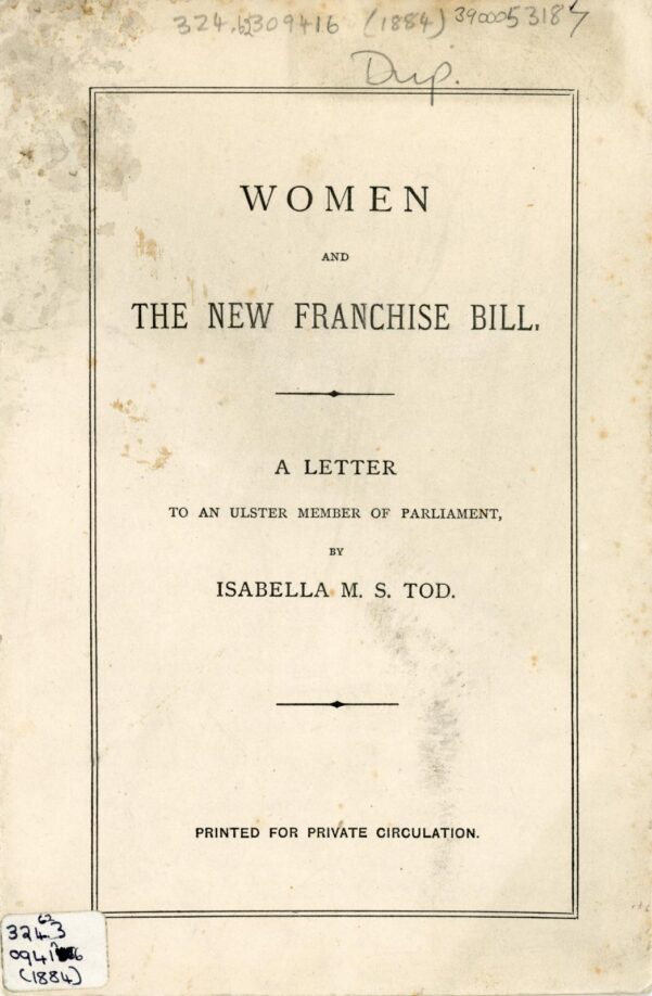 Slightly mildewed document titled "Women and the New Franchise Bill"