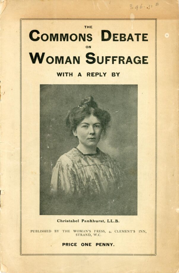 Slightly yellowed document titled "The Commons Debate on Woman Suffrage", with a photo of Christabel Pankhurst