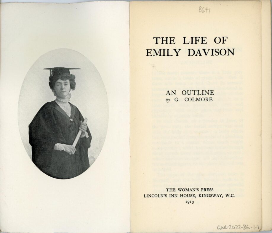 Frontispiece and title page of "The Life of Emily Davison" with a photo of Emily Davison with a graduate cap and gown on the frontispiece