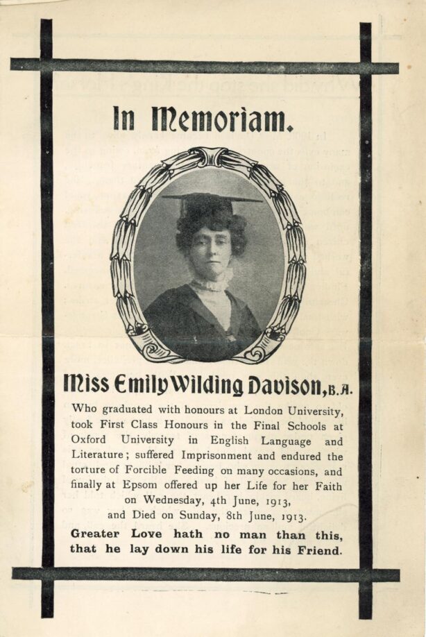 An In Memoriam leaflet for Emily Wilding Davison after her death, with a graduation photograph of Davison and a brief biography