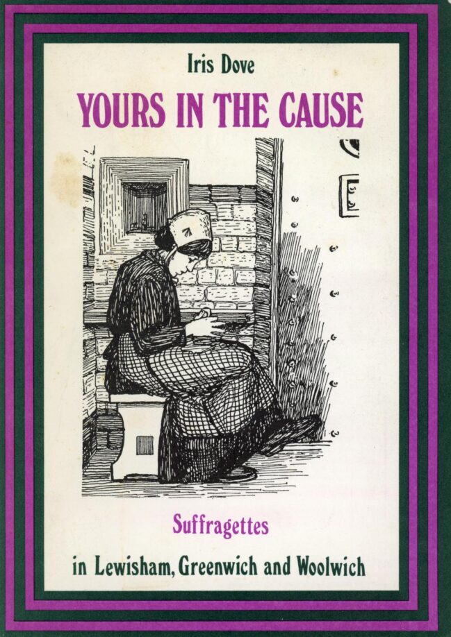 Cover of "Yours in the Cause", featuring a sketch of a woman sitting on a bench in a prsion cell, looking down at her hands. The cover has a purple and black striped border.