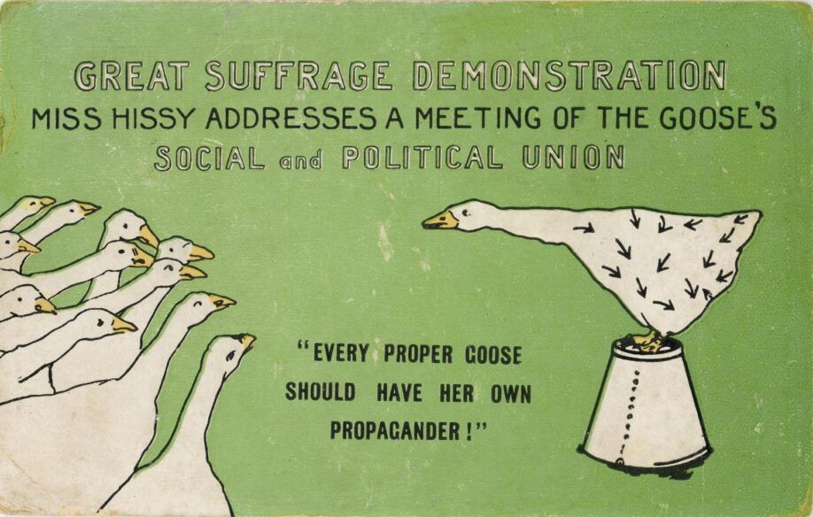 Postcard titled "Great Suffrage Demonstration - Miss Hissy Addresses a Meeting of the Goose's Social and Political Union", above an illustration of a goose covered in prison uniform arrows, addressing a flock of geese, with the text "Every Proper Goose Should Have Her Own Propagander!"