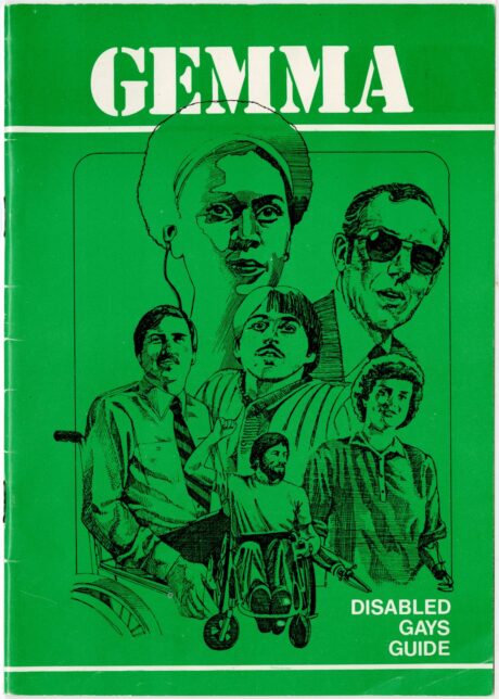 The front cover of the booklet. A green booklet with white writing, and a black illustration of notable gay and disabled icons.