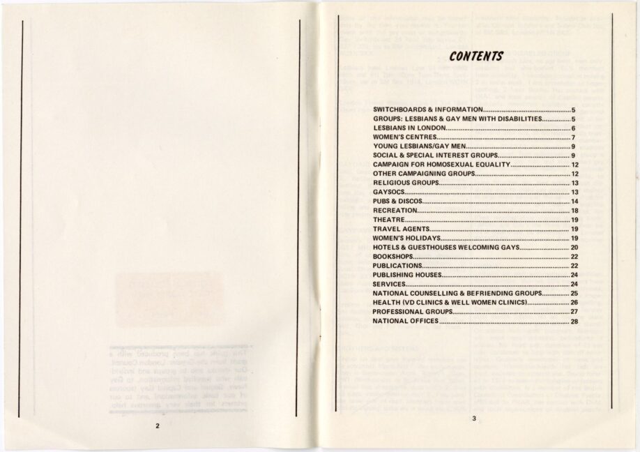 The table of contents of the Gemma Disabled Gays Guide, from Switchboards and Information to National Offices