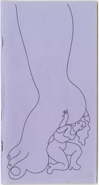 The front cover of the zine. A purple page with a black line illustration of a woman being squashed under a giant heel.