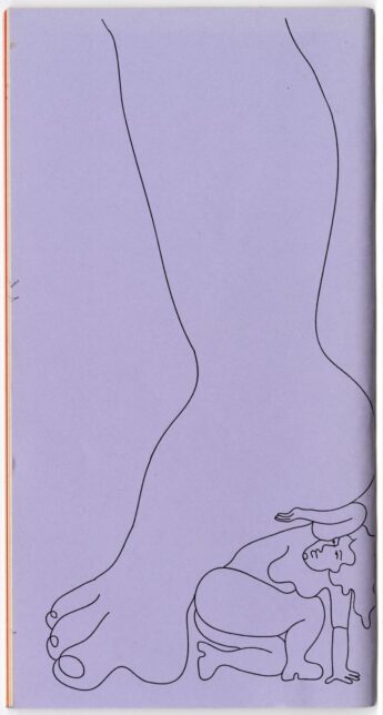 The back cover of the zine. A purple page with a black line illustration of a woman being squashed under a giant heel, she is more squahed than on the front cover.