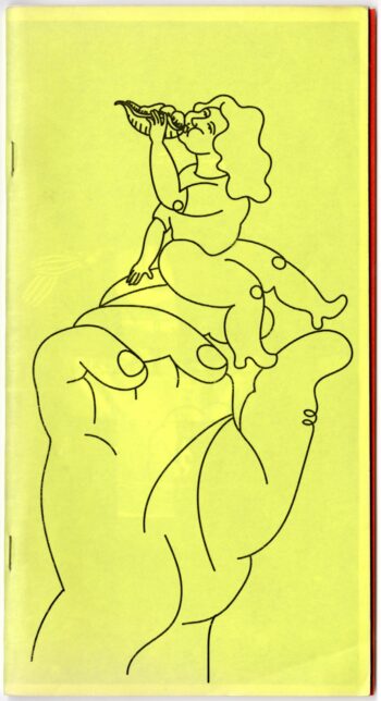 Front cover of the zine, it is yellow with a black line illustration of a woman blowing into a seashell sitting on top of a giant hand.
