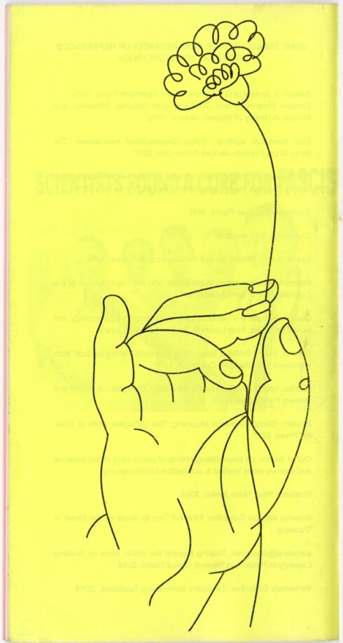 The back of the zine Power Makes Us Sick, Issue #3, an illustration in the same style as the front of a hand holding a flower.