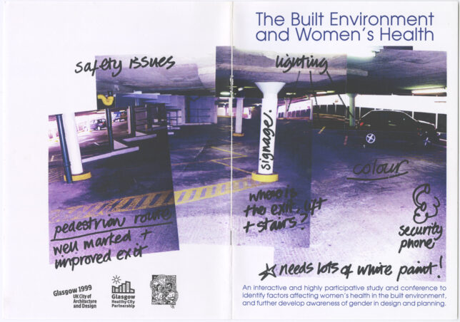 The front and back cover of the booklet. There is a collage of photos of a carparkm with text like "safety issues", and "lighting?" written in black marker over the top.