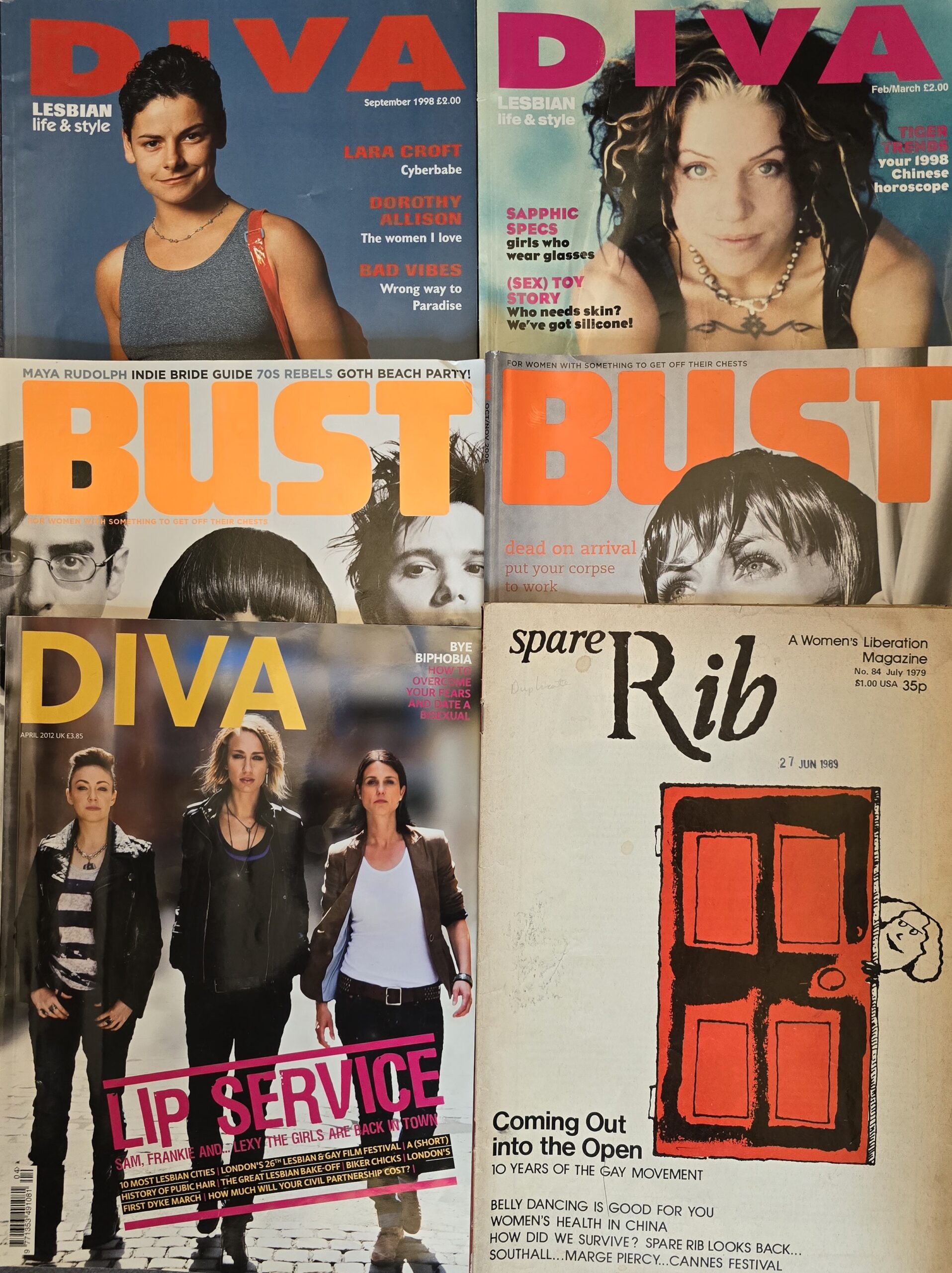 6 vintage issues of DIVA, BUST and Spare Rib magazines laid out on the floor