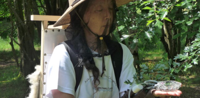 Reiko Goto Collins is pictured wearing a wide brimmed straw hat performing Hakoto