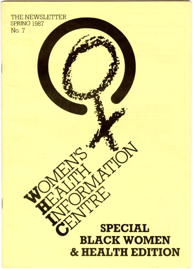 Front cover of the WHIC newsletter, printed on yellow paper, with a chalk-style drawing of a woman symbol.