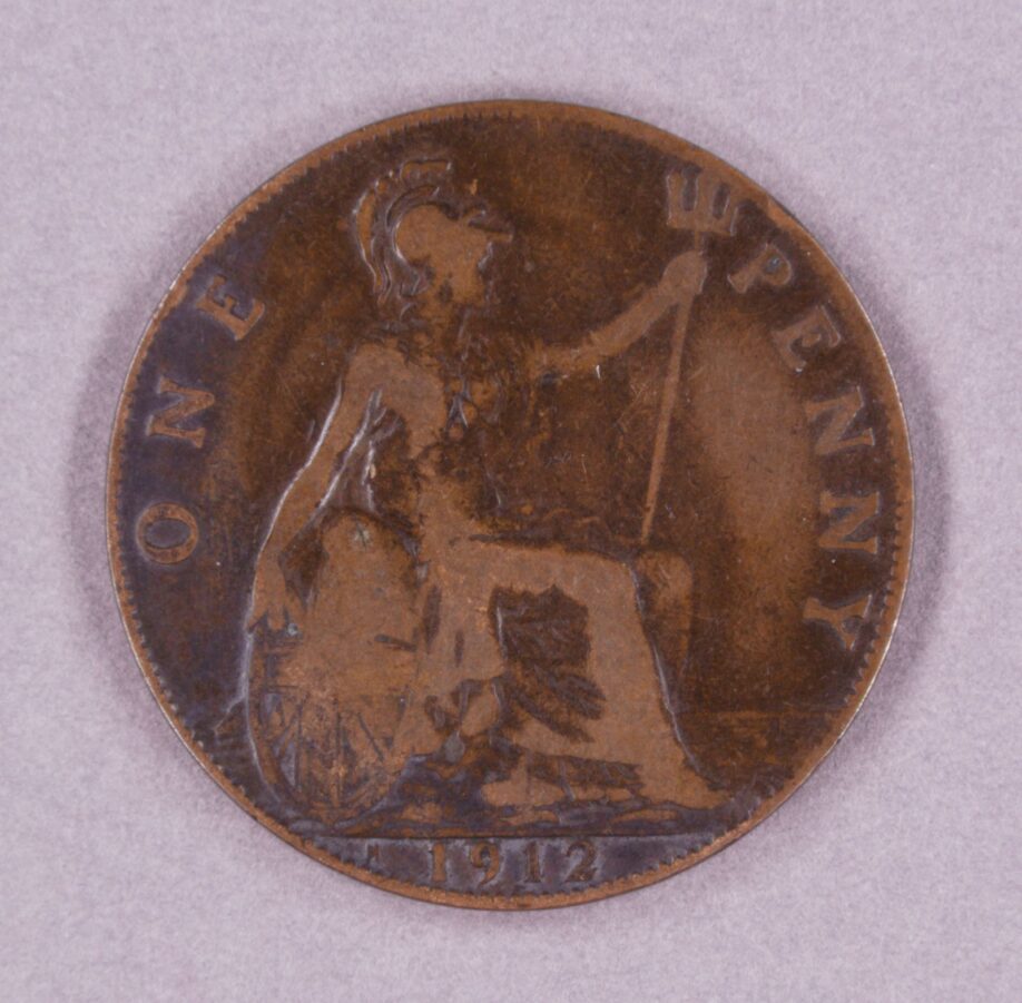 A penny bearing the image of Britannia, seated. Dated 1912.