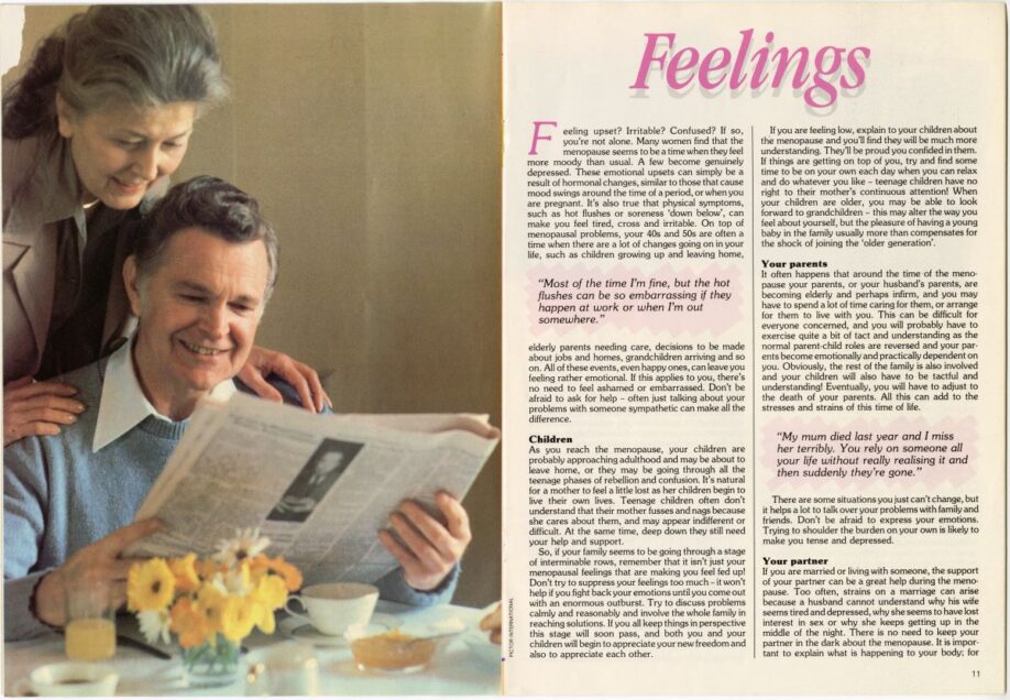 Interior pages from Living with the Menopause, titled 'Feelings', illustrated with a photo of a woman leaning over the shoulder of a seated man to read a newspaper.