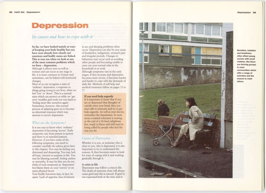 Pages from the Well Woman booklet, titled 'Depression', with a photograph of woman seated on a bench, slumped and staring into the distance beside a baby buggy.