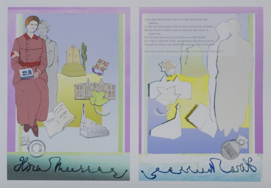 A print featuring a woman in a red dress seated on the left with paper in her hand against a purple/blue background and a pink border. To her right are images of buildings, a leaf, medals, and a pamphlet. At the bottom is a blue border with the words, "Flora Murray" in cursive. On the right side of the image are two silhouettes of women. On their left is poem "Time takes them home that we loved, fair names and famous, To the soft long sleep, to the broad sweet bosom of death; But the flower of their souls he shall not take away to shame us, Nor the lips lack song for ever that now lack breath. For with us shall the music and perfume that die not dwell, Though the dead to our dead bid welcome, and we farewell. Algernon Charles Swinburne, 1874. In Flora Murray, 1920, p. 212. Below the poem are silhouette images of the images on the reverse. At the bottom is the reverse image of "Flora Murray" in cursive.