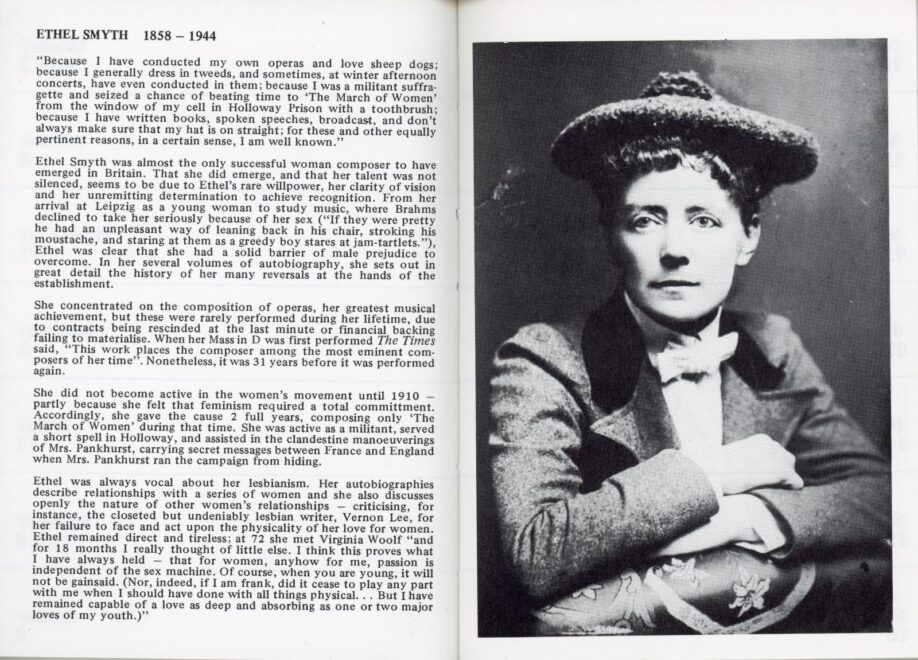 Interior pages from 'Past Participants: a lesbian history diary for 1984', featuring a photo of Ethel Smyth and a brief biography