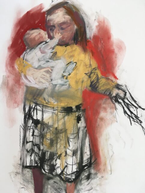 Pastel illustration of a young girl holding a baby in her arms