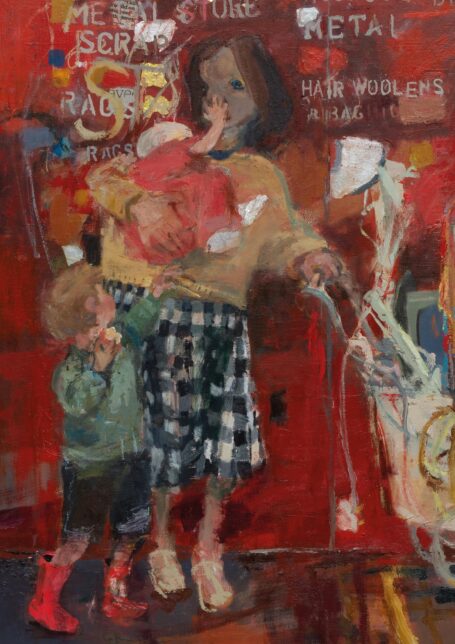 Painting of woman holding a child, with another child standing by her side. A pram is beside her. The painting is Four Children 1962 to 2022 by Kate Downie (after Joan Eardley)