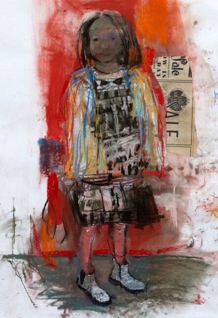 mix media pastel sketch of a child standing in front of a red background