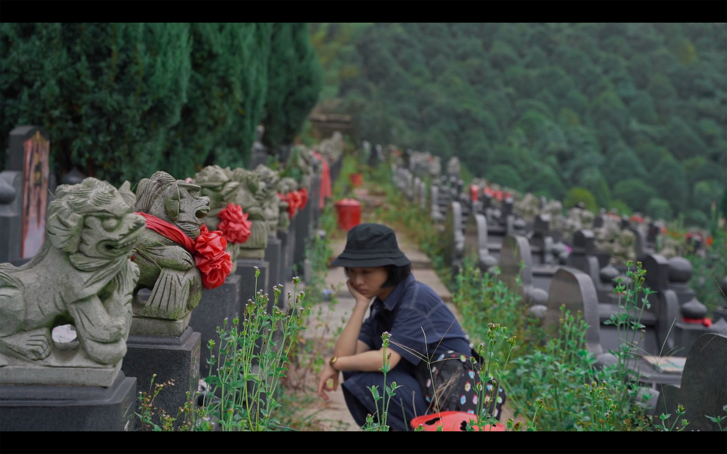 An outdoor scene at a cemetery with rows of stone lion statues on either side leading into the distance. Each statue has a red ribbon tied around its neck. In the foreground, there is an individual wearing a bucket hat, kneeling in front of a grave marker. The background is lush with greenery.