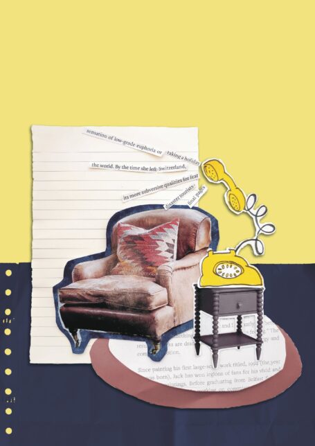 Collaged scene featuring an armchair, telephone, and pieces of text.