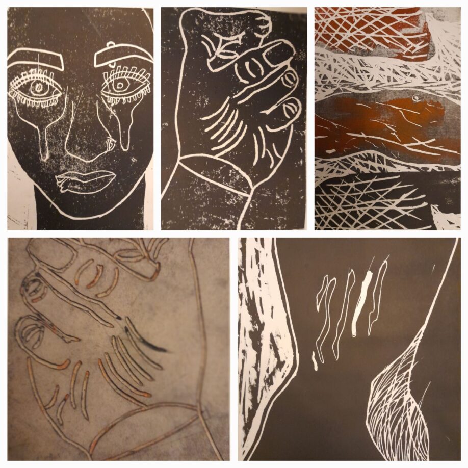 Collage of lino cut prints and printing blocks