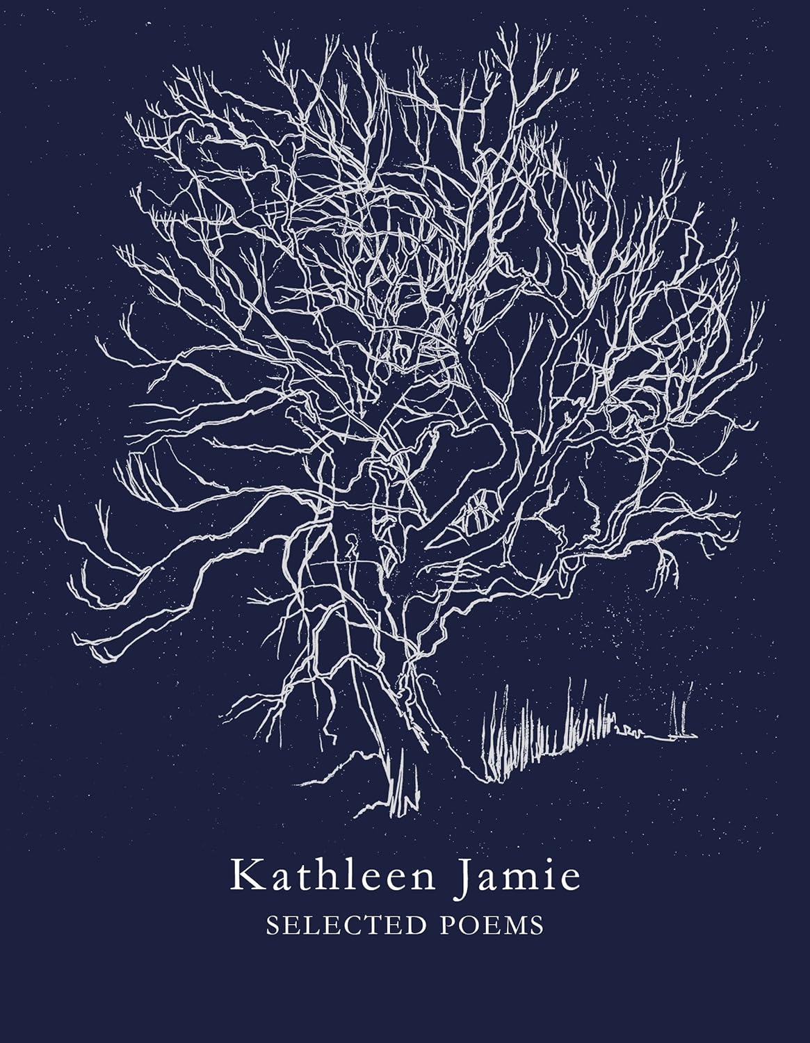 Cover of Selected Poems by Kathleen Jamie, a dark bluse cover with a line illustration of a tree in white.