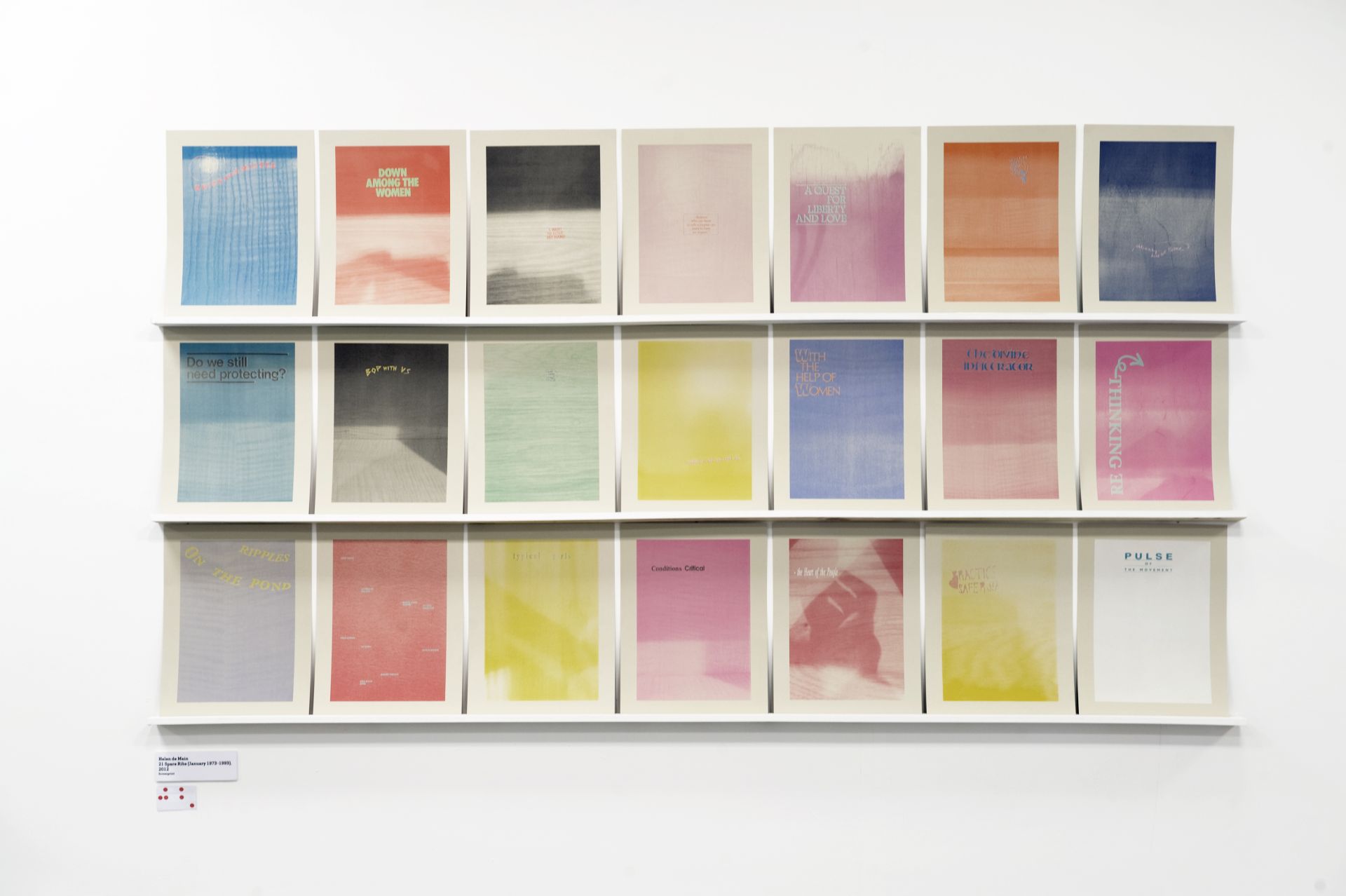 21 prints in delicate colours, featuring phrases from editions of Spare Rib. The prints are arranged on three narrow shelves.