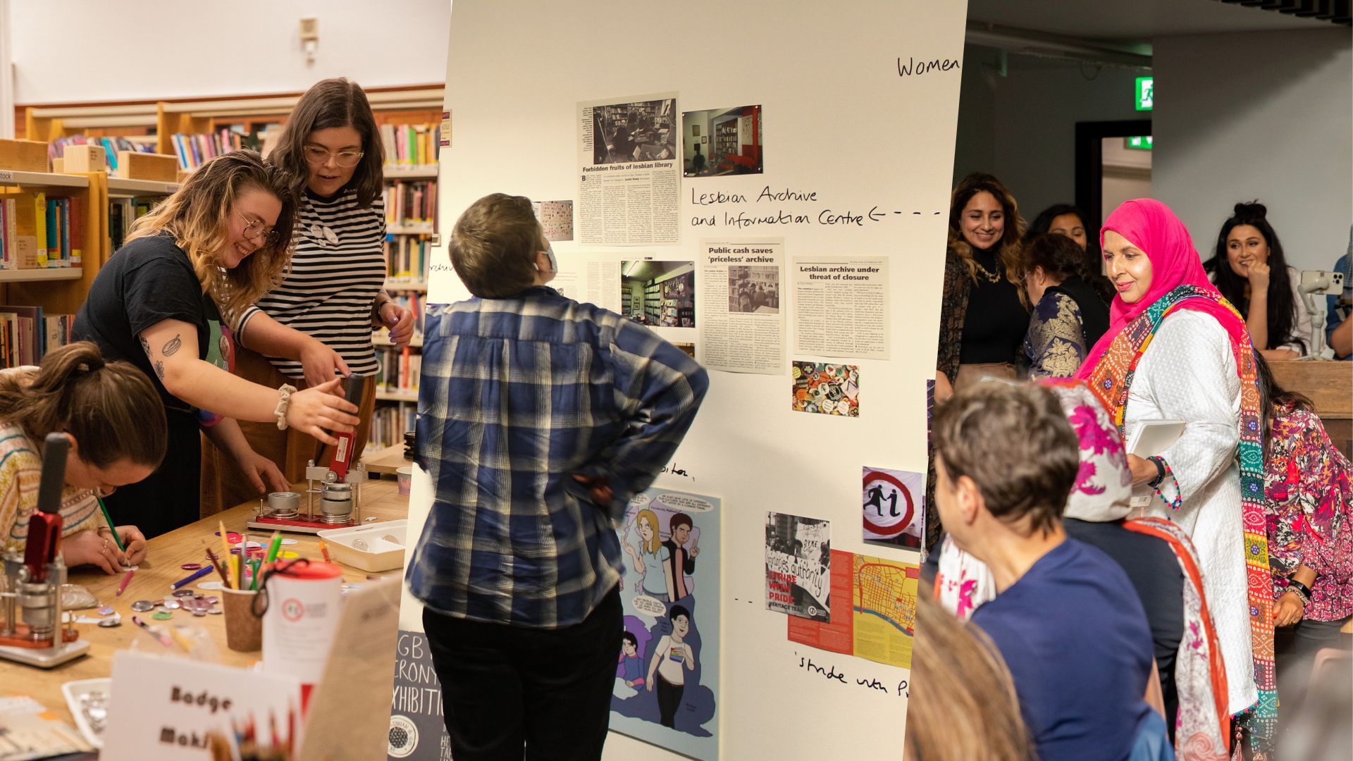 Collage of GWL users at events including people making badges, a visitor in a facemask looking at an exhibtion of archive material, and agroup of women on colour sharing their writing