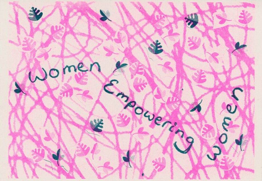 Riso print with 'Women Empowering Women' written in blue across a background of pink lines and scattered leaves.