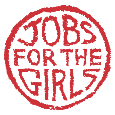 'Jobs for the girls' logo with the slogan in scratchy red capitals, fitted into a circle.