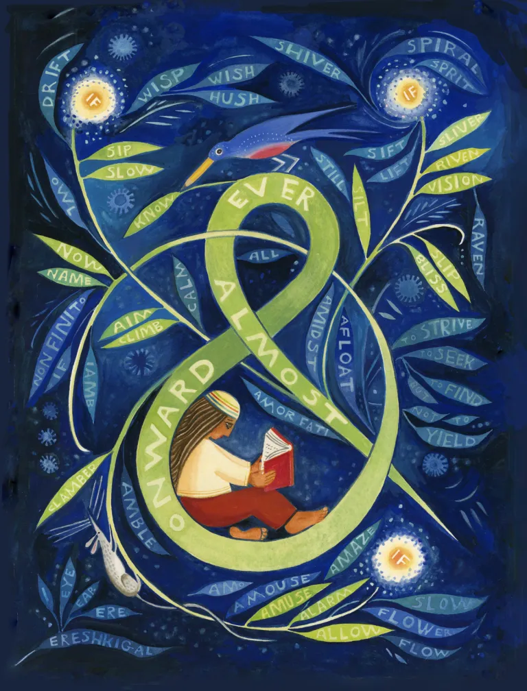 Illustration by Julie Paschkis, from A velocity of being: letters to a young reader. The image shows a person reading a book, nestled in swirl of leaves, against a deep blue background