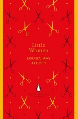 A red book with brown and yellow scissors scattered across the cover