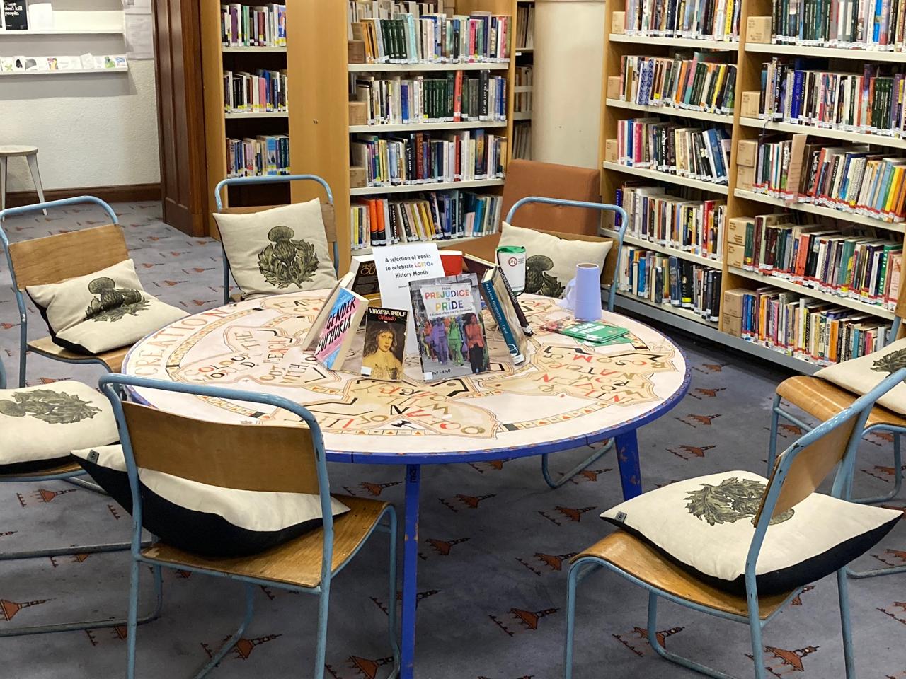 A photo of the display at GWL of books for LGBTQ+ History Month