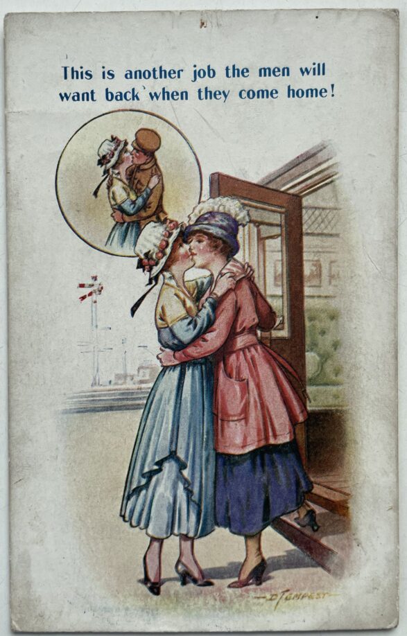 Illustrated postcard of two fashionably dressed young women sharing a kiss. Inset is a smaller image of one of the women being kissed by a man in a brown uniform. The postcard is captioned "This is another job the men will want back when they come home!"