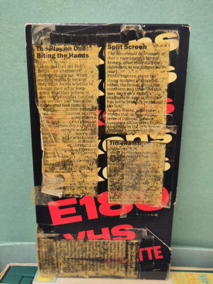 Cover of lending library tape showing pasted newspaper cuttings summarising the taped programmes