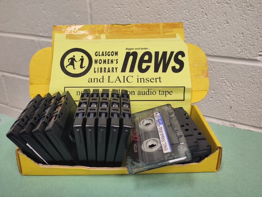 Box containing audio cassettes of GWL's newsletter