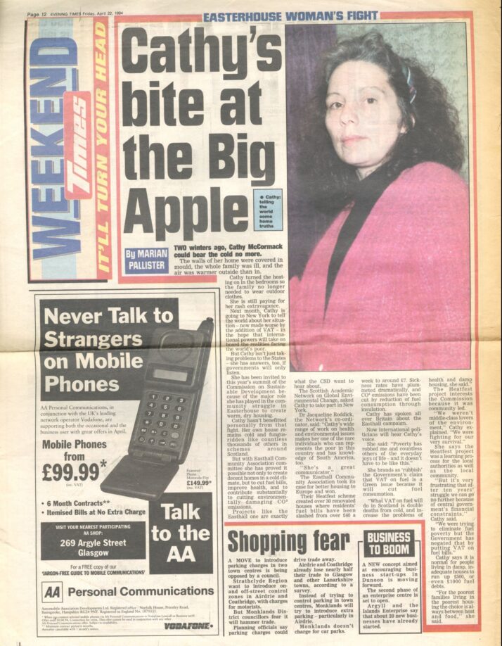 Newspaper cutting from the Evening Times, 22 April 1994 titled 'Cathy's bite at the Big Apple'