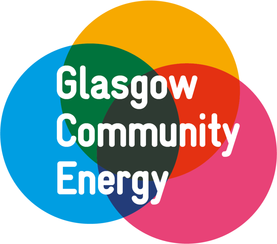 Logo design for Glasgow Community Energy: three coloured circles overlap as a backdrop to the organisation's title.