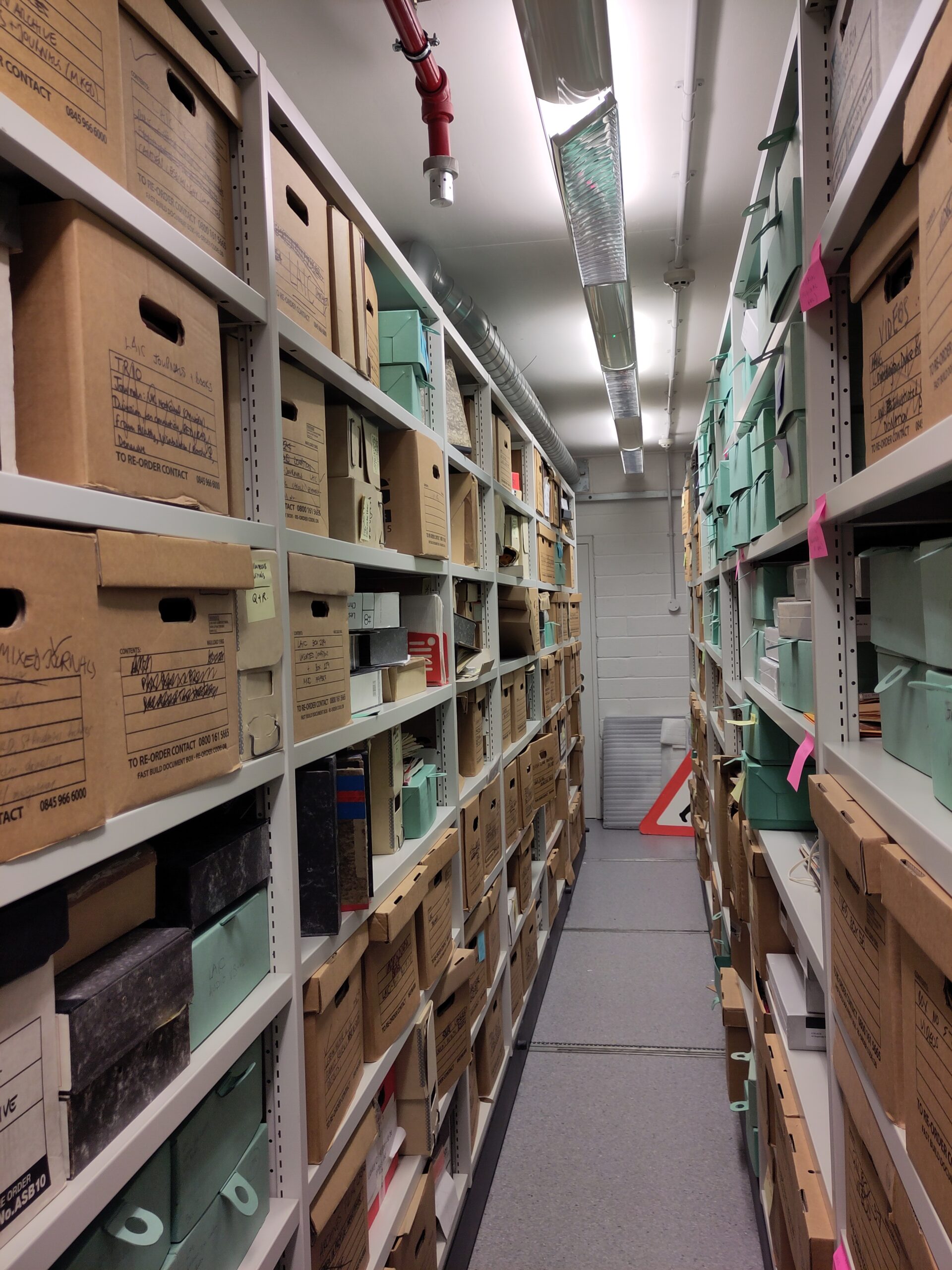 Archive store shelves, filled with archive boxes