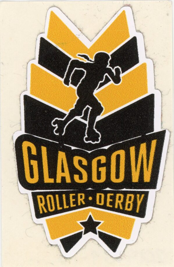 Small sticker with layered black and yellow background featuring the black silhouette of a skater above the words 'Glasgow Roller Derby'.