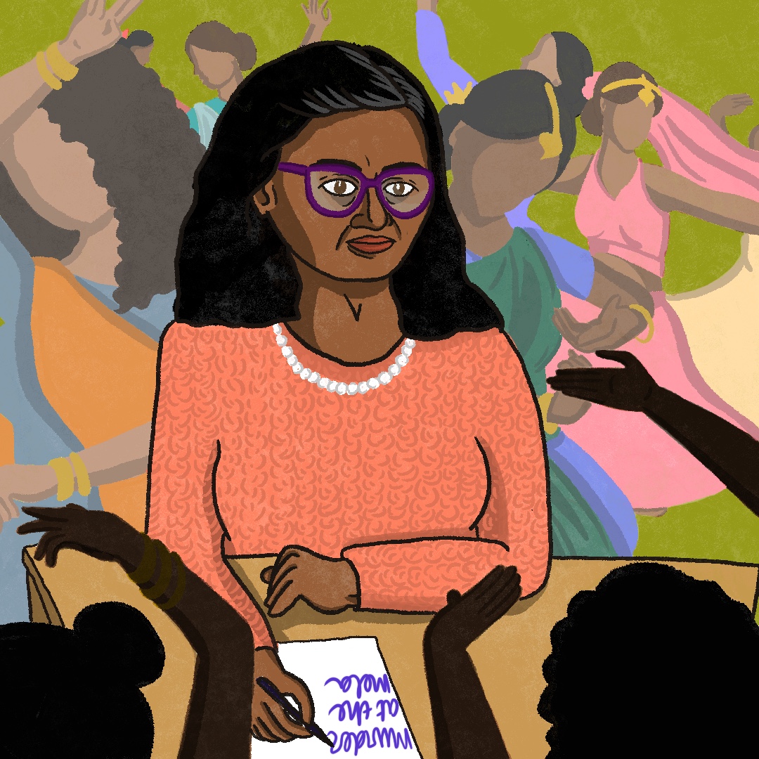 A graphic, colourful, digital drawing of Leela Soma sitting at a desk and writing. Behind her you can see people dancing in colourful clothes, and in front of her are silhouettes of people dancing. She looks forward and writes.
