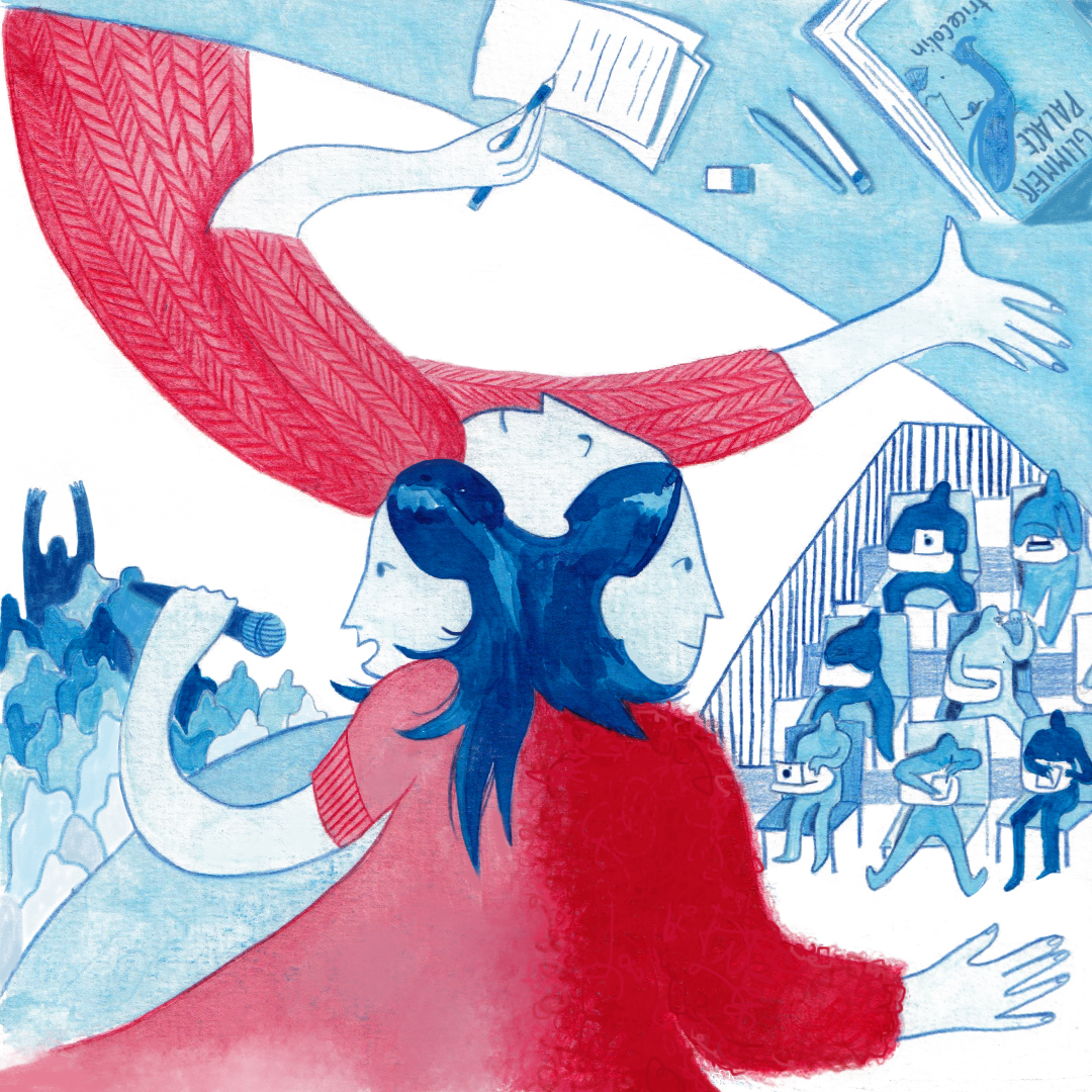 Beatrice Colin is drawn 3 times, facing left, right and towards the top of the drawing. In one drawing she speaks in front of a lecture hall, in another she sings on stage to an audience and on another she sits at a desk writing. In all the drawings she wears red.
