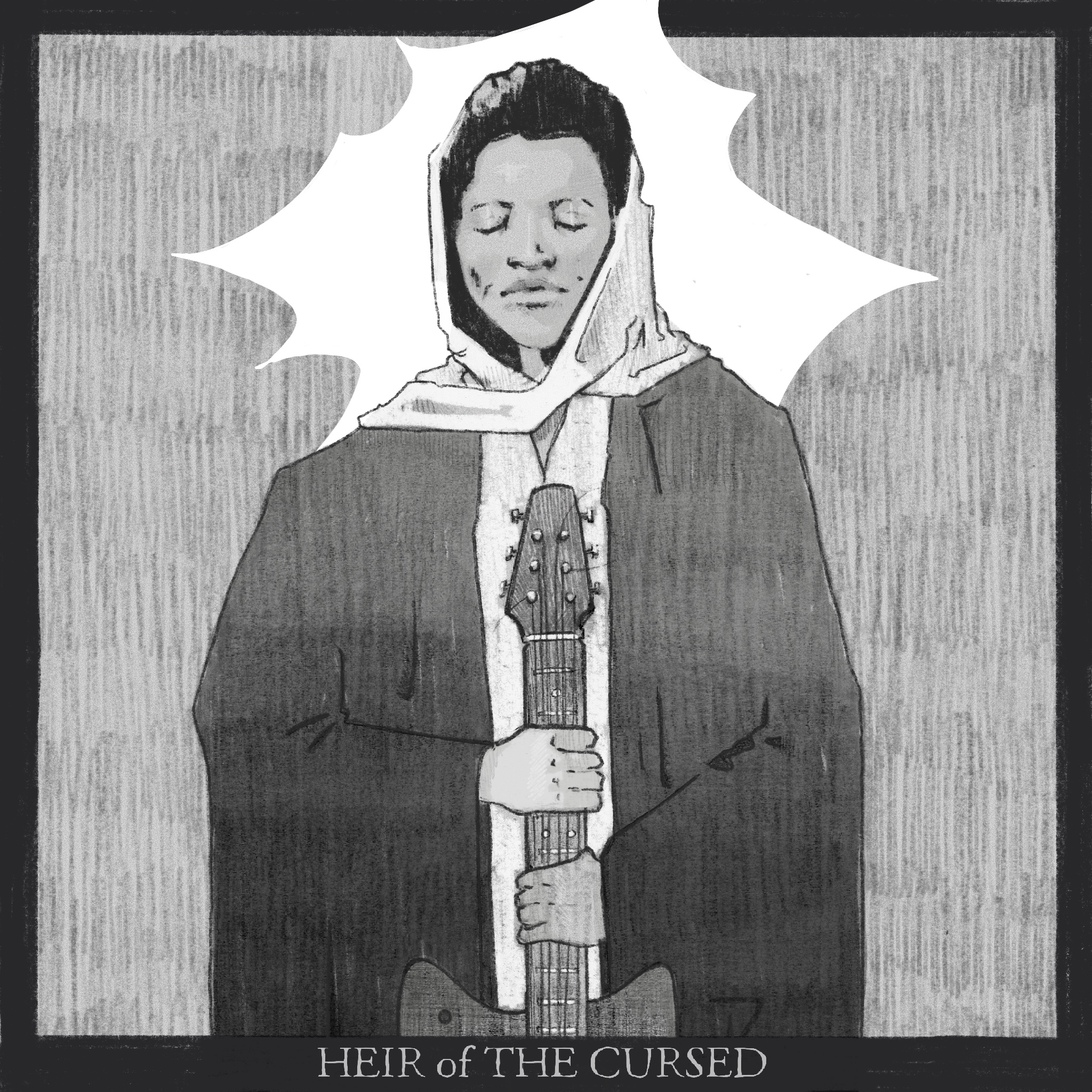 A graphic image drawn in pencil of a person, Beldina Odenyo Onassis, standing straight forward holding a guitar in front of them and with eyes closed. It looks as if light is shining on Beldina as their is a white cut out behind her head