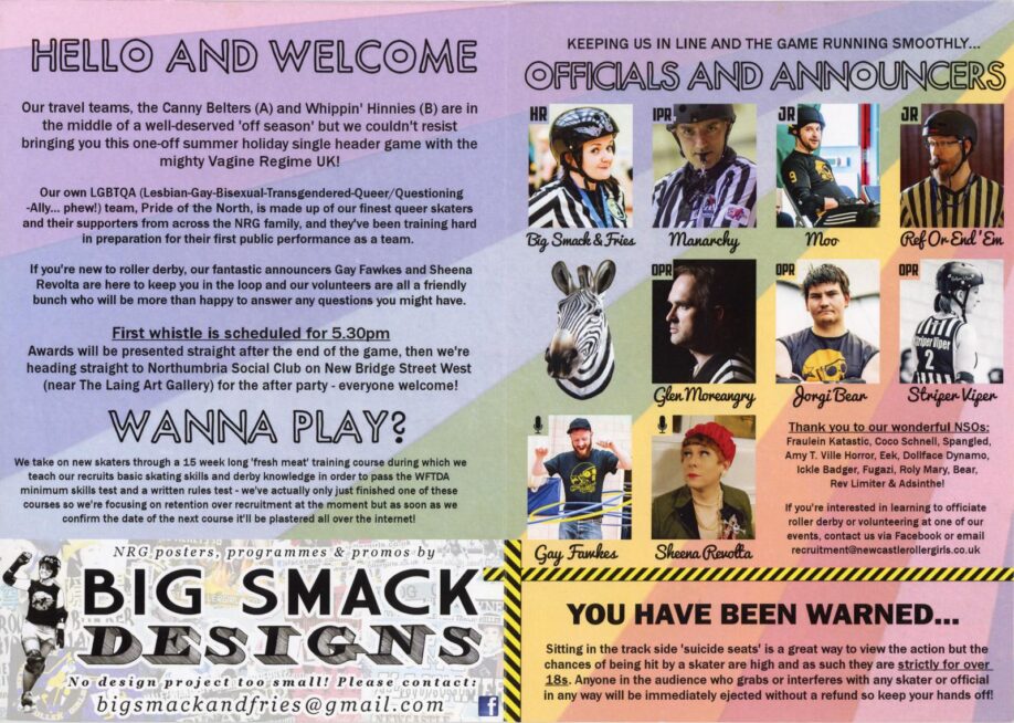 Second and third pages of a programme 'Pride of the North' with a faint rainbow background exploring the event on the left under 'Hello and Welcome' and the right page introducing 'Officials and Announcers'