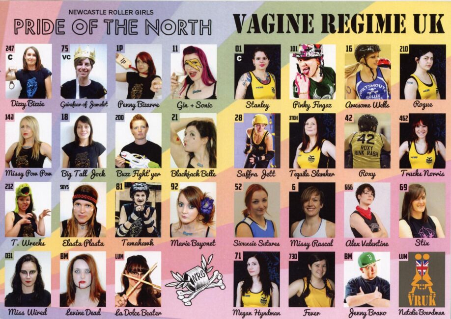 Fourth and fifth pages of the programme 'Pride of the North' atop a faint rainbow background. the left page shows the players from the Newcastle Roller Girls, 'Pride of the North' and the right page shows the players from Vagine Regime UK.