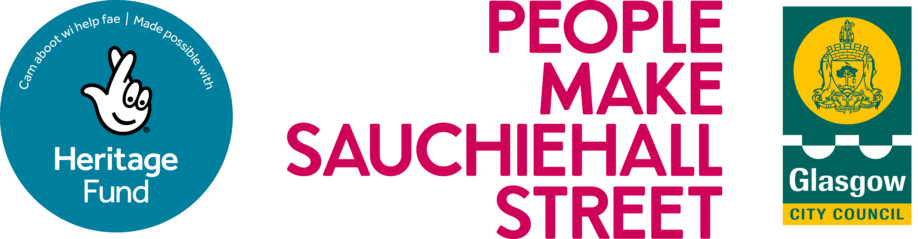 Three logos for the Heritage Trust, People Make Sauchiehall Street, and Glasgow City Council